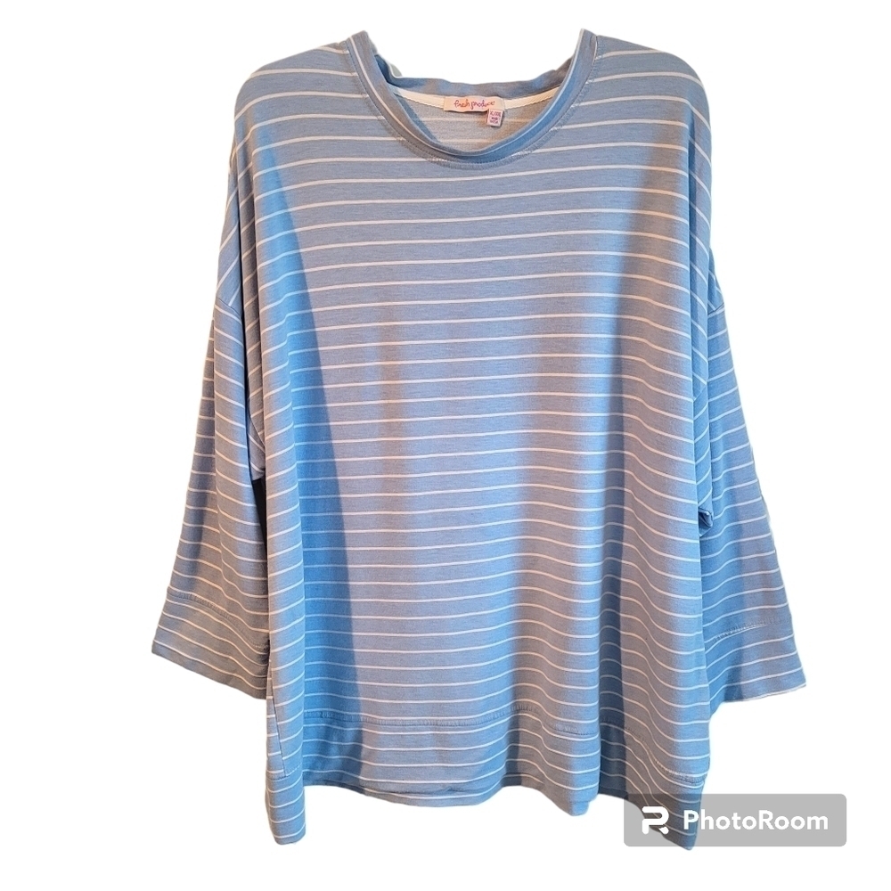 Fresh Produce Blue and White Striped Crewneck Drop Shoulder Casual Top XL/XXL